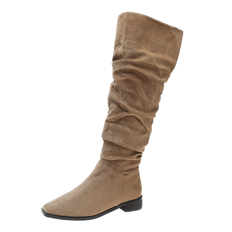 Female Vintage Suede Chunky Heel Square Toe Knight Boots